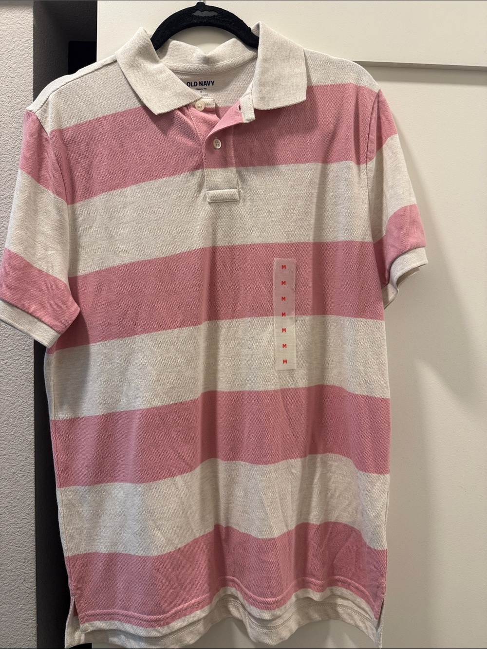 Old Navy Men’s Pink and White Wide-Stripe Polo
